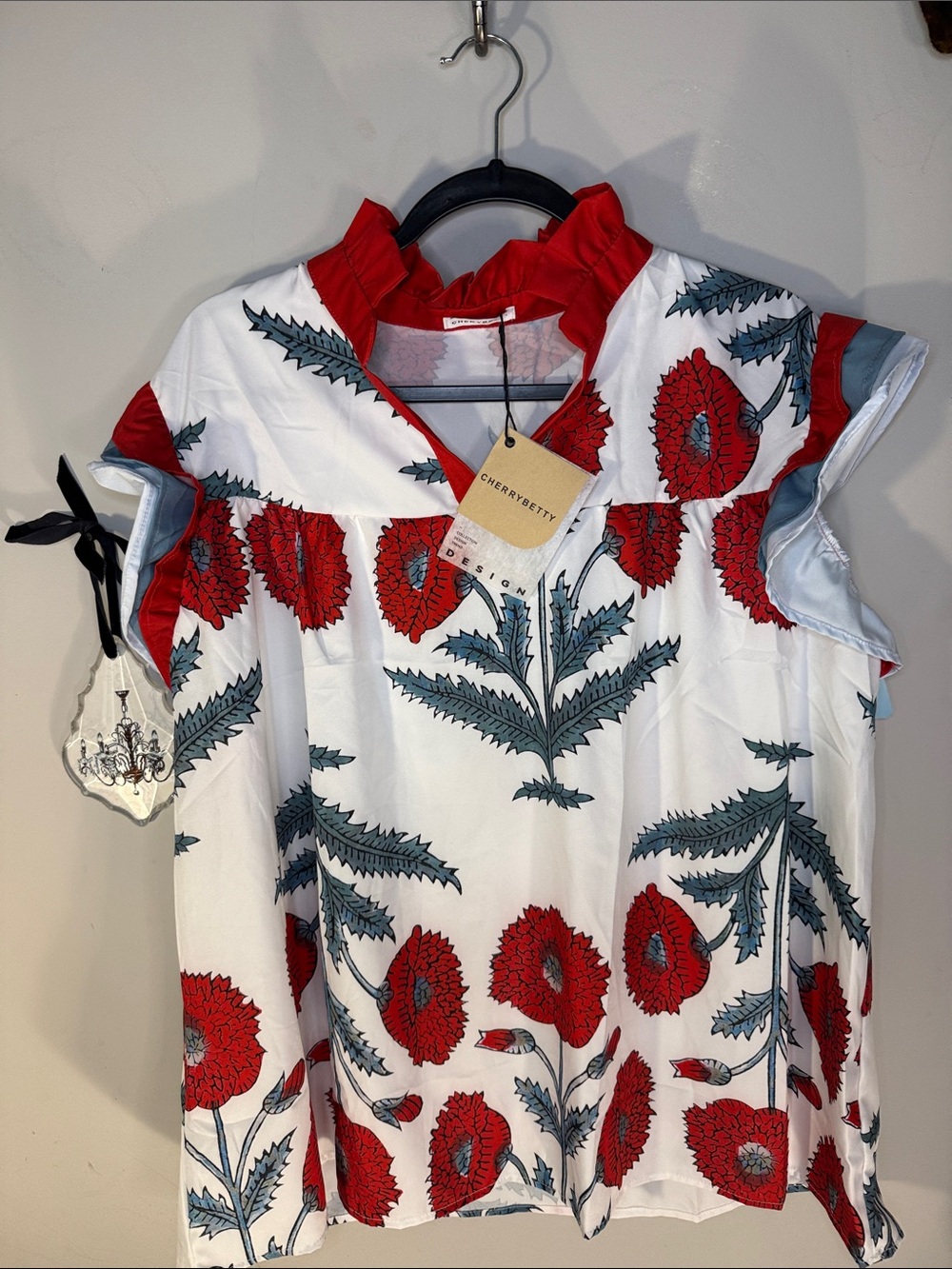 Cherry Petty Red & White Floral Ruffle Neck Top